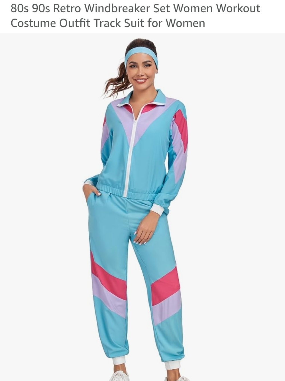 Retro 80s-90s Aqua Windbreaker Track Suit with Pink & Lavender (No Head Band) - Picture 2 of 4